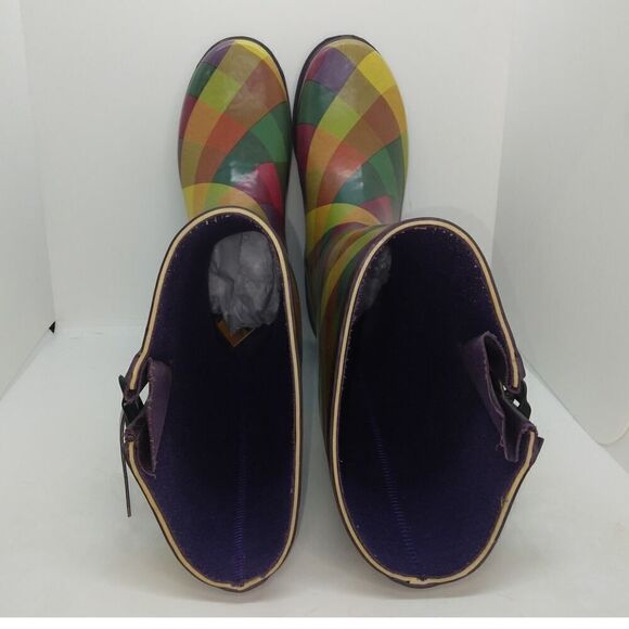 Merona Designer Womens Pre-owned Plaid Green/Yellow/Red Rain Boots - sz. 7 - Picture 4 of 6